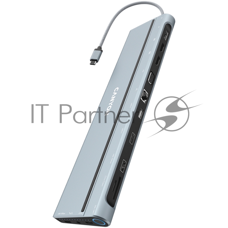 Хаб Canyon 14 in 1 hub, with Type C female *2,Type C male *1:max 10Gbps,USBA*3:max 10Gbps,DP*1,VGA*1,SD card slot*1,TF card slot*1,Audio 3.5 audio*1,HDMI*2,RJ45*1,cable length 0.20m,Aluminum alloy housing,76*22.5*301mm,Dark grey