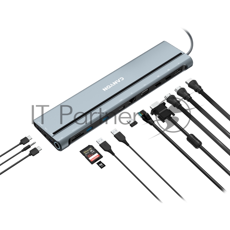 Хаб Canyon 14 in 1 hub, with Type C female *2,Type C male *1:max 10Gbps,USBA*3:max 10Gbps,DP*1,VGA*1,SD card slot*1,TF card slot*1,Audio 3.5 audio*1,HDMI*2,RJ45*1,cable length 0.20m,Aluminum alloy housing,76*22.5*301mm,Dark grey