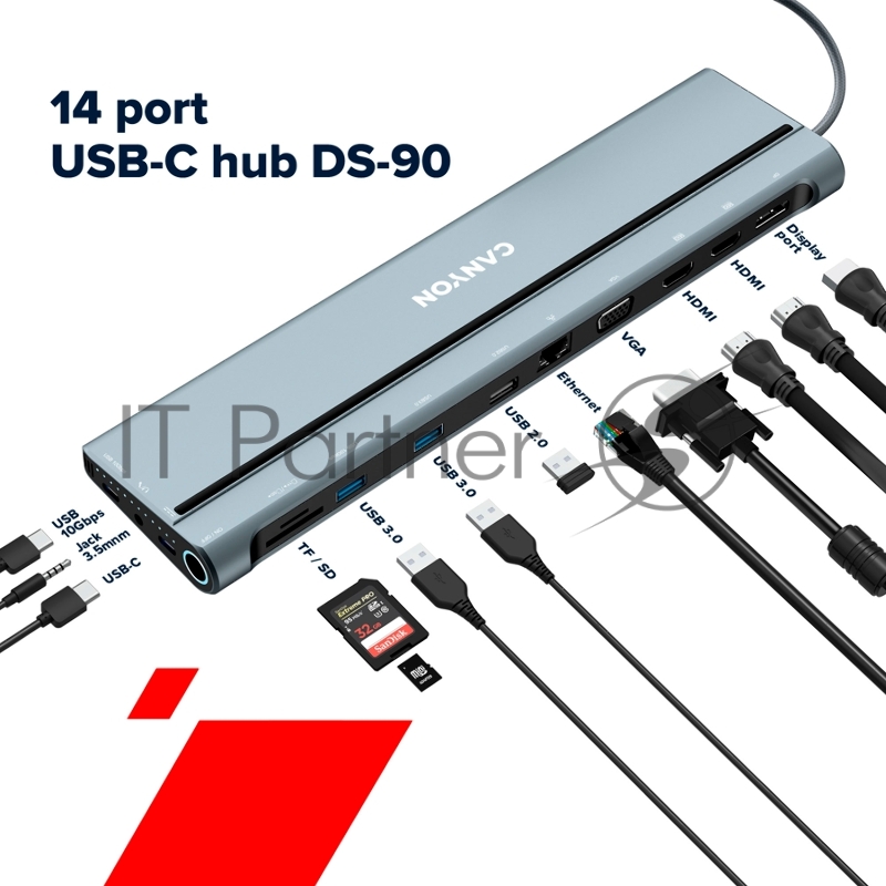 Хаб Canyon 14 in 1 hub, with Type C female *2,Type C male *1:max 10Gbps,USBA*3:max 10Gbps,DP*1,VGA*1,SD card slot*1,TF card slot*1,Audio 3.5 audio*1,HDMI*2,RJ45*1,cable length 0.20m,Aluminum alloy housing,76*22.5*301mm,Dark grey