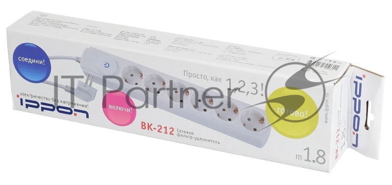 Сетевой фильтр Ippon BK212 1.8м (6 розеток) белый (коробка)