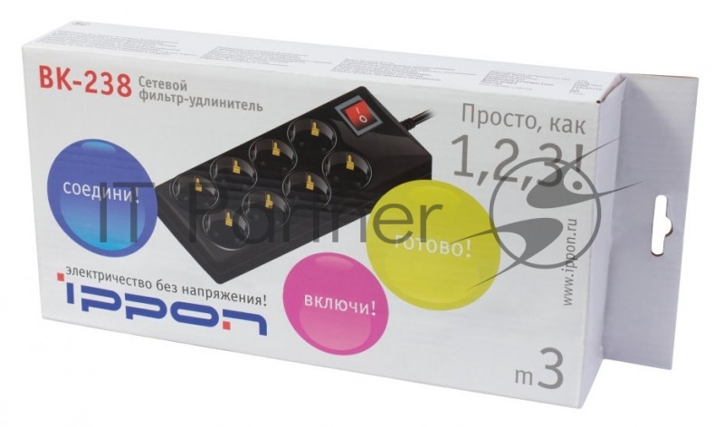 Сетевой фильтр Ippon BK-238 3м (8 розеток) черный (коробка)