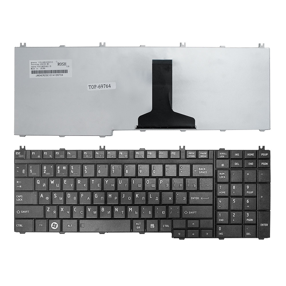 Клавиатура для ноутбука Toshiba Satellite A500, A505, L350, L355, L500, P200 P300, X200 Series. Плоский Enter. Черная, без рамки. NSK-TFK0R.