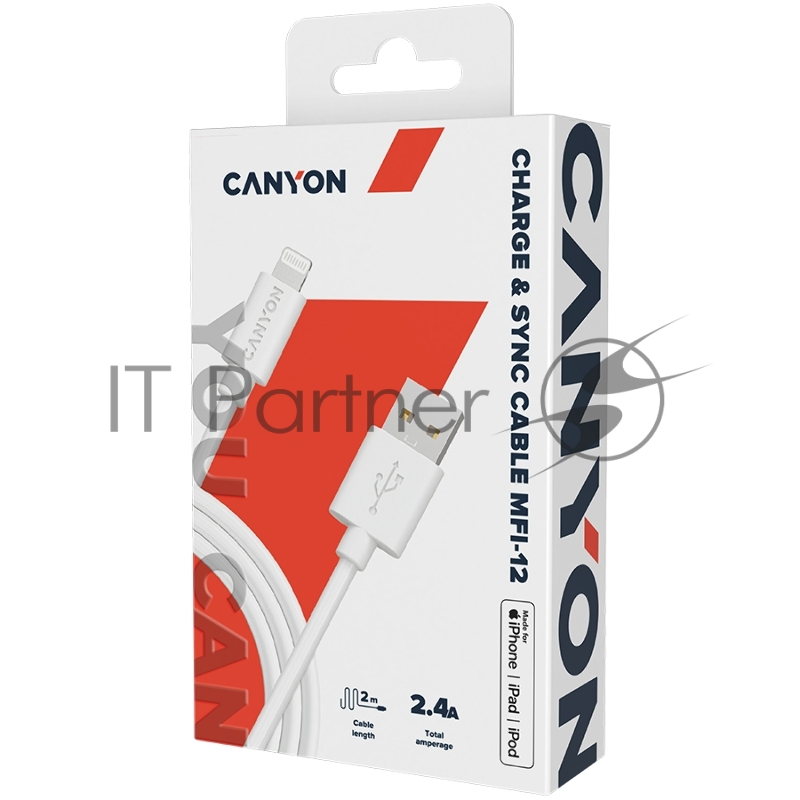 Кабель CANYON MFI C48 Lightning USB Cable for Apple , round, PVC, 2M, OD:4.0mm, Power+signal wire: 21AWG*2C+28AWG*2C, Data transfer speed:26MB/s, White. With shield , with CANYON logo and CANYON package. Certification: ROHS, MFI.