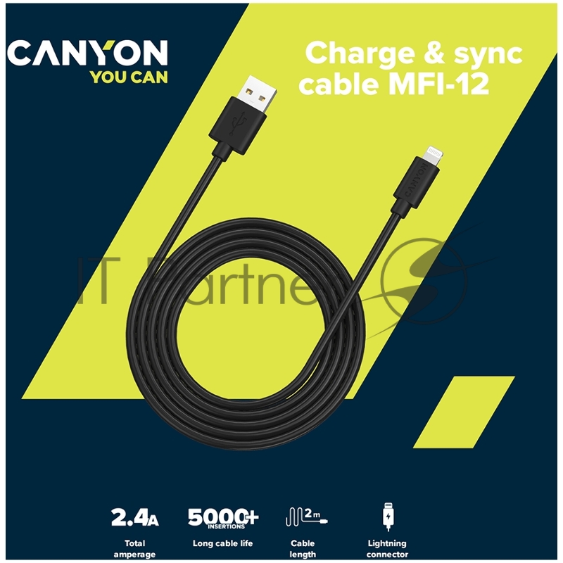 Кабель CANYON MFI C48 Lightning USB Cable for Apple , round, PVC, 2M, OD:4.0mm, Power+signal wire: 21AWG*2C+28AWG*2C, Data transfer speed:26MB/s, White. With shield , with CANYON logo and CANYON package. Certification: ROHS, MFI.