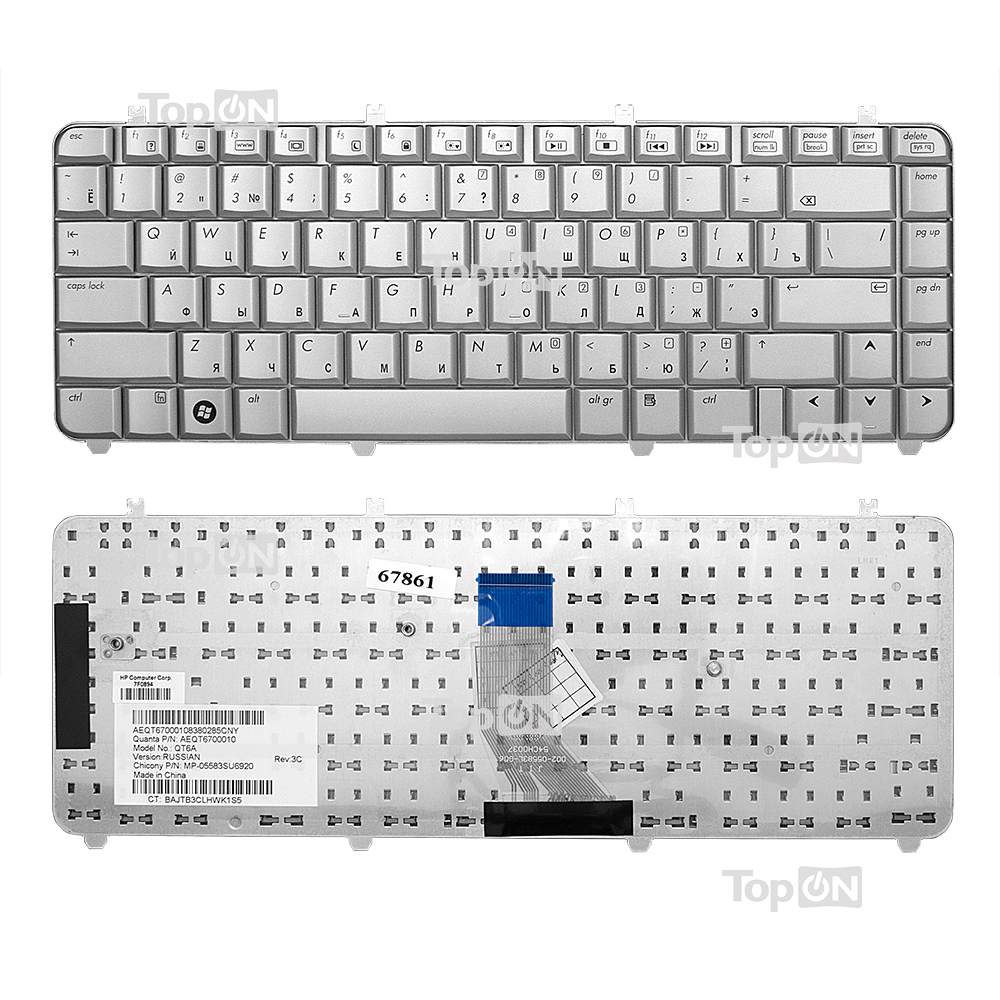 Клавиатура для ноутбука HP Pavilion DV5-1000, DV5-1100 Series. Плоский Enter. Серебристая, без рамки. AEQT6700120, MP-05583SU69201.