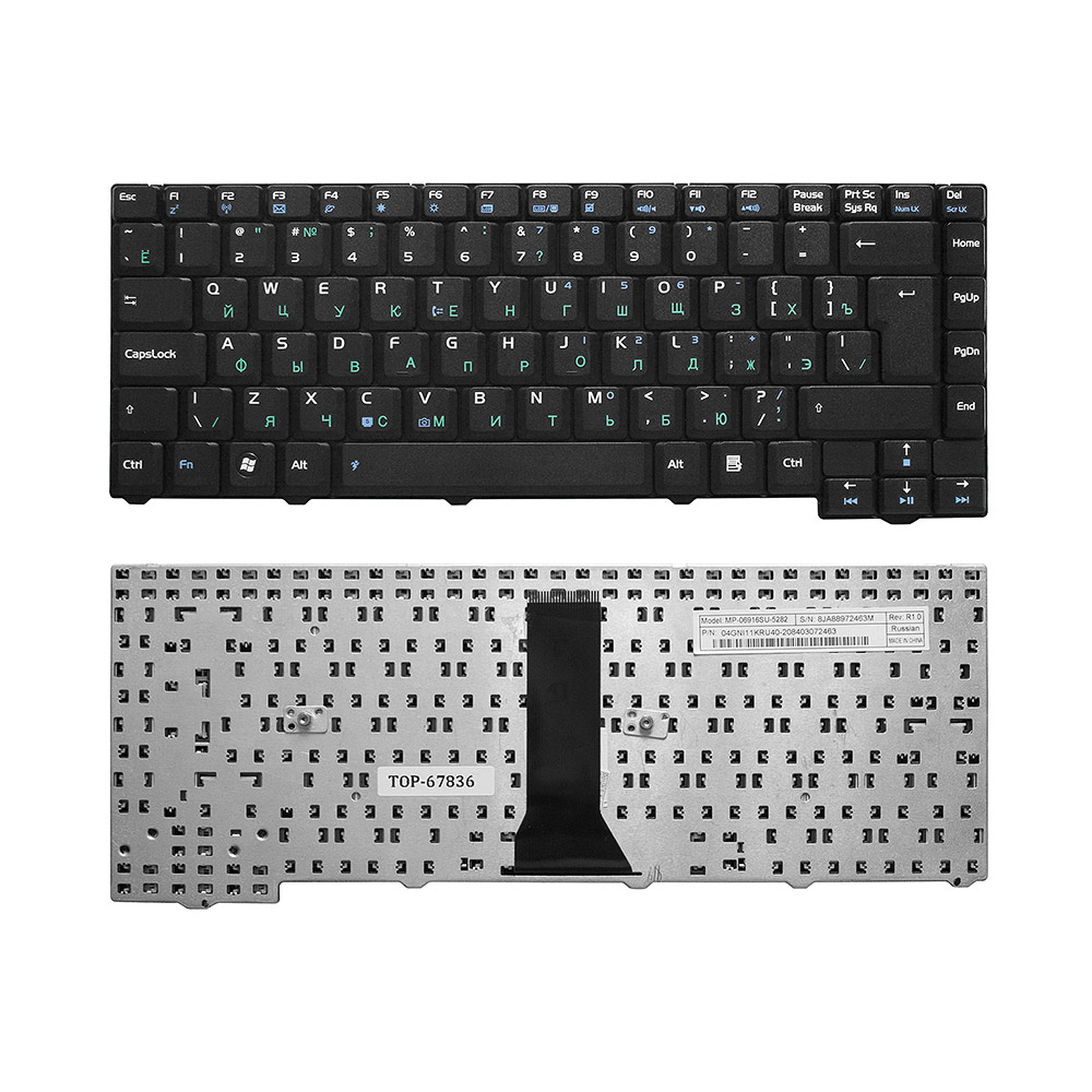 Клавиатура для ноутбука Asus F2, F3, Z53 Series. (24pin). Г-образный Enter. Черная без рамки. 04GNI11KRU40, MP-06913US-5282.