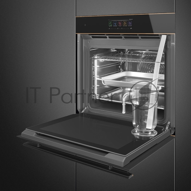 Встраиваемая электрическая духовка SMEG/ 60 см, с функцией пара, 20 функций, чёрное стекло Eclipse, медный профиль.