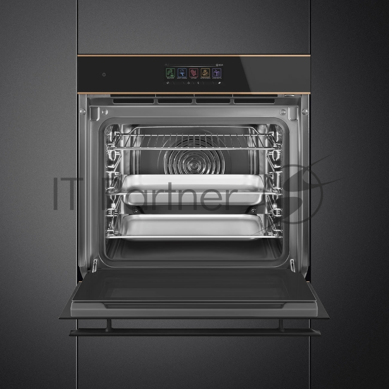 Встраиваемая электрическая духовка SMEG/ 60 см, с функцией пара, 20 функций, чёрное стекло Eclipse, медный профиль.