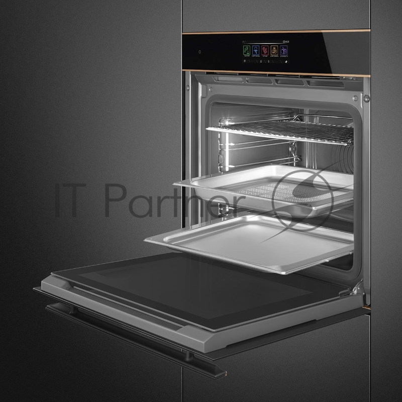 Встраиваемая электрическая духовка SMEG/ 60 см, с функцией пара, 20 функций, чёрное стекло Eclipse, медный профиль.