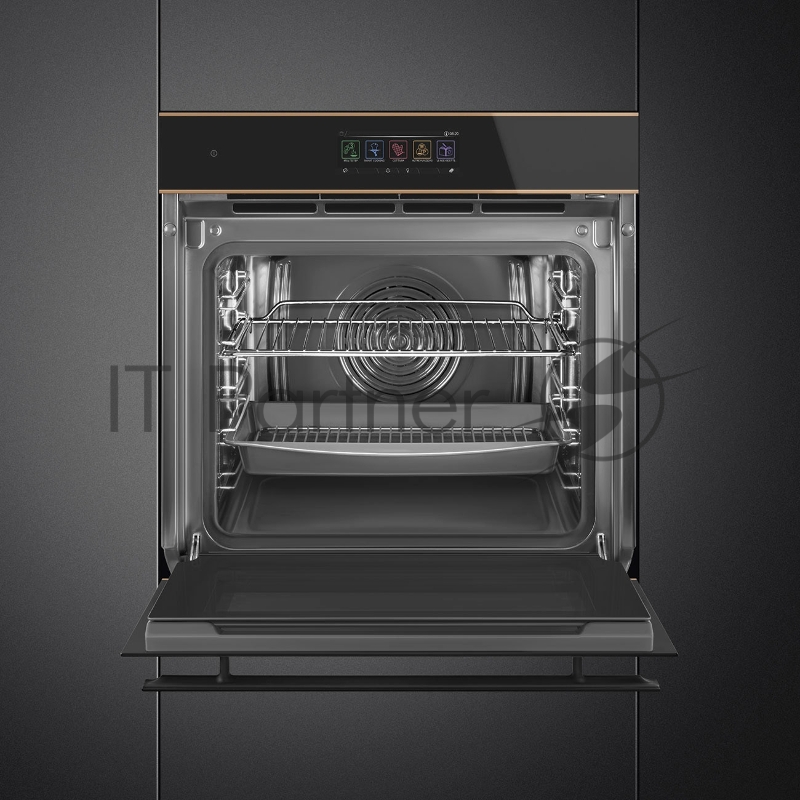 Встраиваемая электрическая духовка SMEG/ 60 см, с функцией пара, 20 функций, чёрное стекло Eclipse, медный профиль.