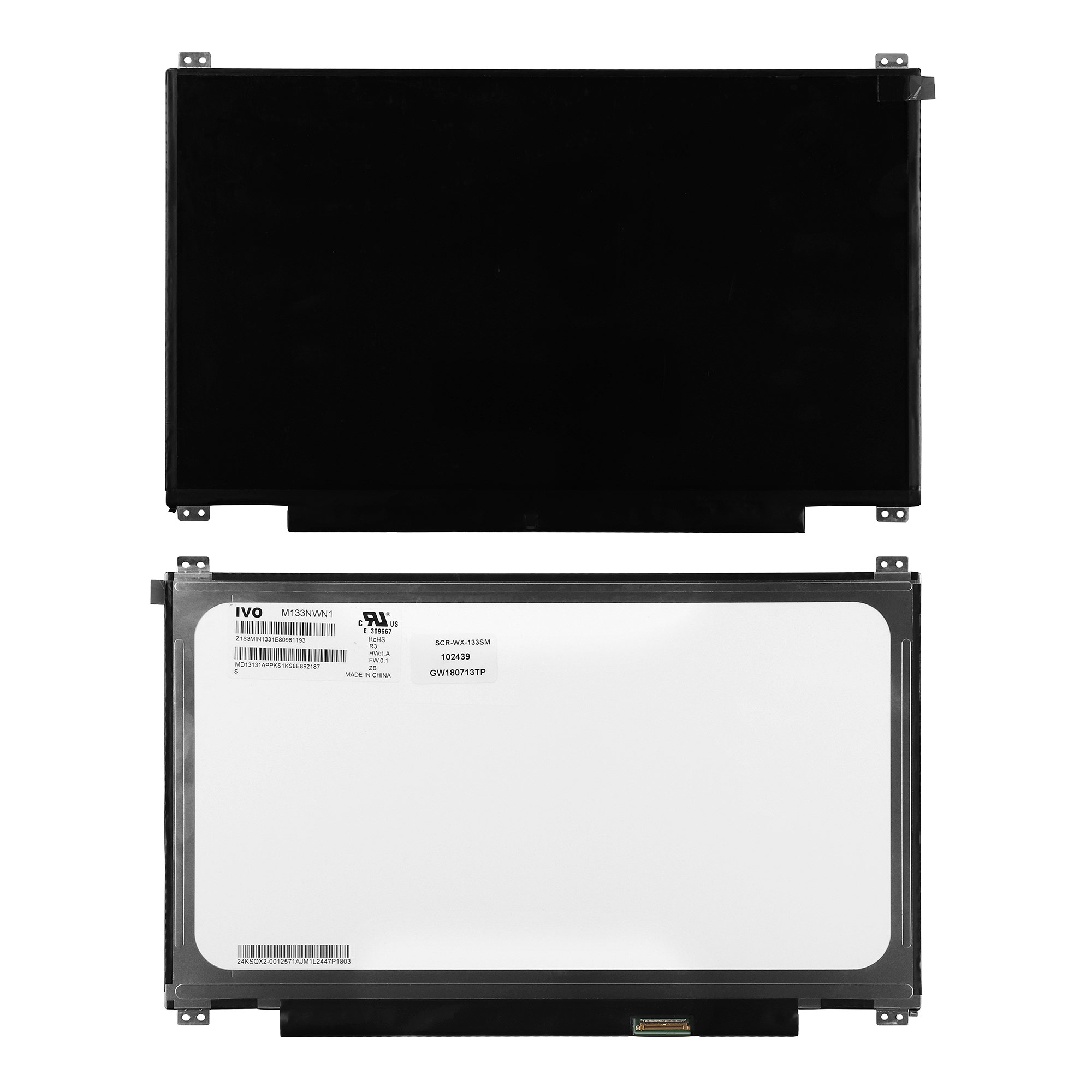 Матрица для ноутбука 13.3" 1366x768 WXGA HD, 30 pin Slim LED, крепления сверху/снизу (уши). Матовая. M133NWN1.