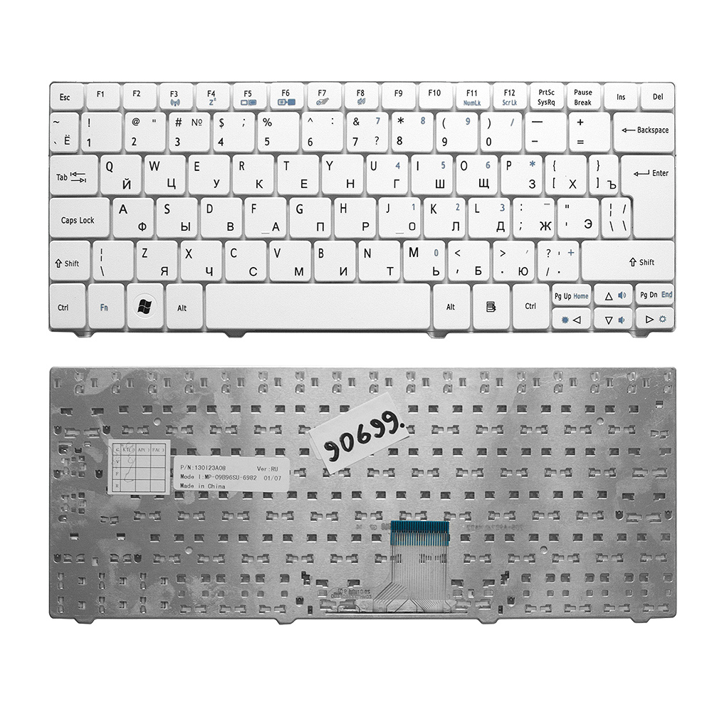 Клавиатура для ноутбука Acer Aspire 1410, 1425, 1810, 1830 Aspire One 721, 722, 751 Series. Г-образный Enter. Белая без рамки. NSK-AQ10R.