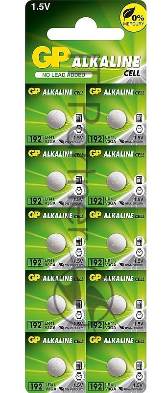 Батарейка GP Alkaline 192 (G3, LR41), алкалиновая, 1 шт., в блистере (отрывной блок), 192-2CY, 4891199015533