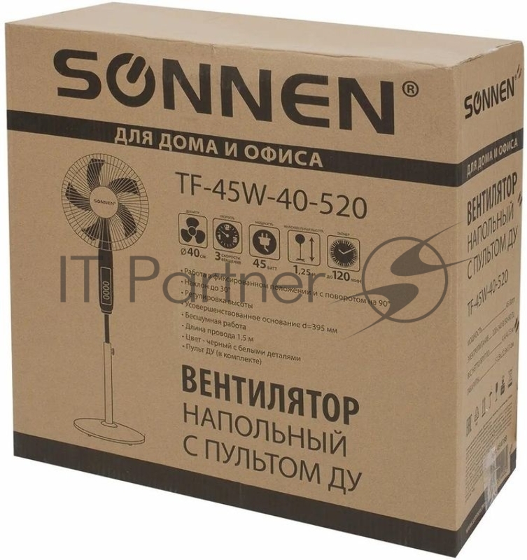 Вентилятор напольный, 3 режима, пульт ДУ, SONNEN TF-45W-40-520, d=40 см, 45 Вт, белый, 454788, FS-40-520