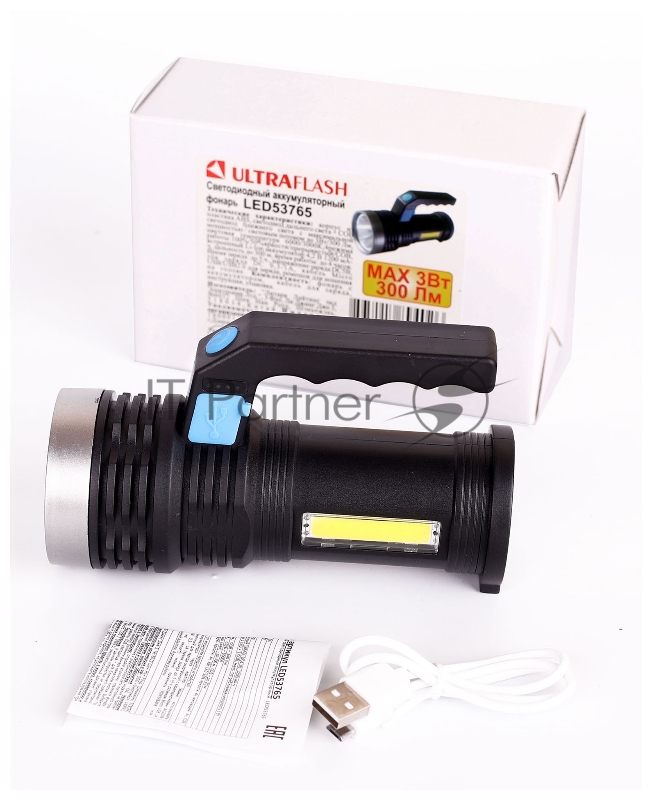 Фонарь аккум. Ultraflash LED53765 черный 3Вт лам.:светодиод. встроенный аккумулятор (14665)