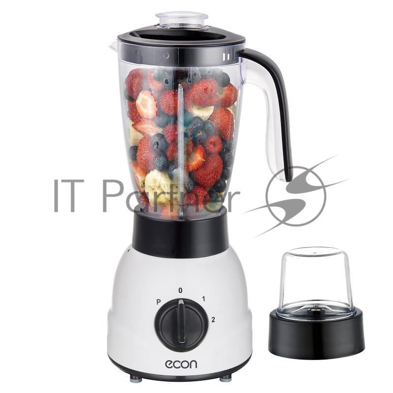 Блендер настольный 2 в 1, максимальная мощность 750 ватт, объем пластикового кувшина 1,5 литра, объем кофемолки 250 мл, 2 скорости, импульсный режим, защита двигателя от перегрева, защита от включения без кувшина, противоскользящие ножки.