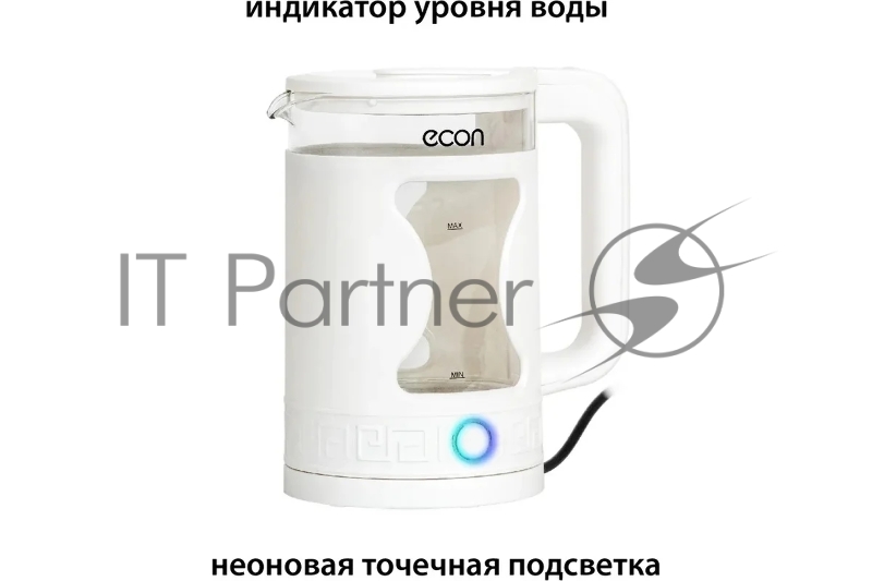 Чайник электрический, мощность 1500 ватт, объем 1,5 литра, неоновая точечная подсветка, защита от включения без воды, автоматическое отключение при закипании, вращение на 360 градусов, хранение электрошнура в подставке