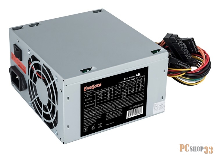Блок питания 600W ExeGate EX292142RUS AB600 (ATX, 8cm fan, 24pin, 4+4pin, 3xSATA, 2xIDE, FDD)