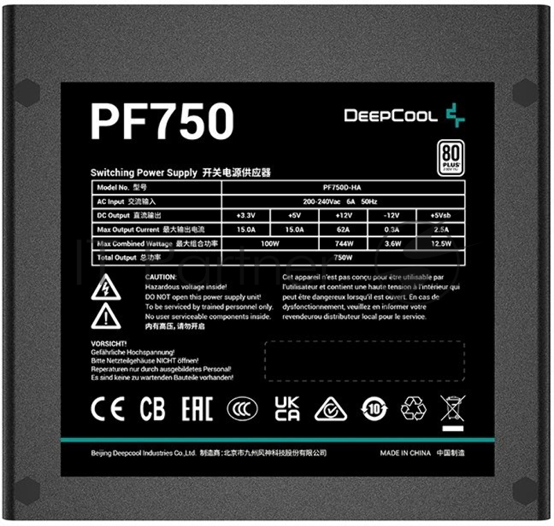 Блок питания Deepcool ATX 750W PF750 80 PLUS WHITE (20+4pin) APFC 120mm fan 6xSATA RTL