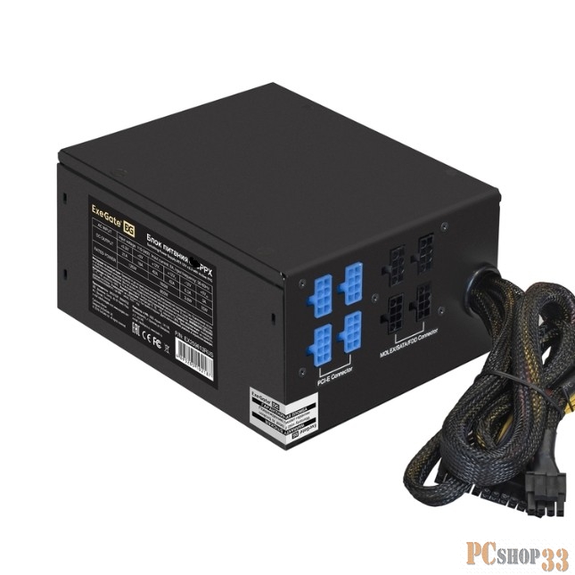 Блок питания 750W ExeGate EX292336RUS 750PPX (ATX, APFC, КПД 80% (80 PLUS), 14cm fan, 20+4pin, 2x2x(4+4)pin, 6xPCI-E, 10xSATA, 4xIDE, Cable Management, black, RTL)