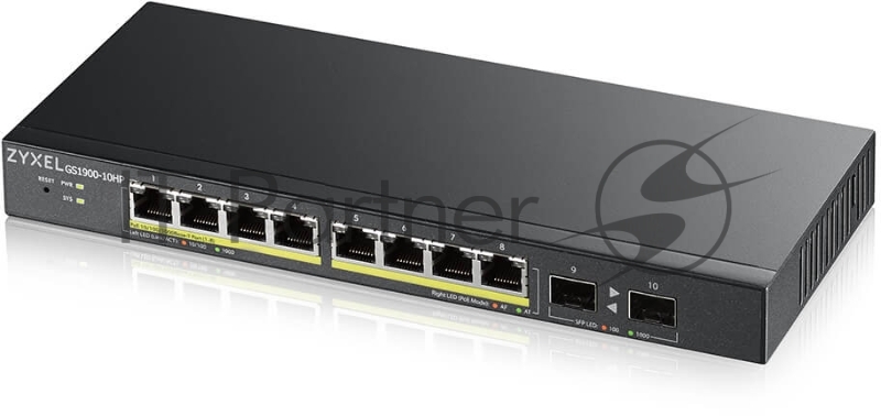 Коммутатор Smart L2 PoE+ Zyxel GS1900-10HP, 8xGE PoE+, 2xSFP, настольный, бесшумный, бюджет PoE 77 Вт