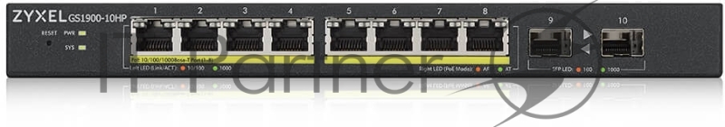 Коммутатор Smart L2 PoE+ Zyxel GS1900-10HP, 8xGE PoE+, 2xSFP, настольный, бесшумный, бюджет PoE 77 Вт