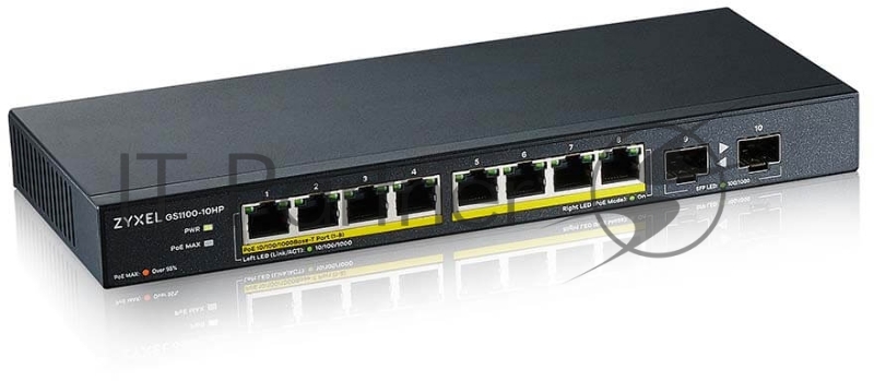 Коммутатор PoE+ Zyxel GS1100-10HP, 8xGE PoE+, 2xSFP, настольный, бесшумный, бюджет PoE 130 Вт