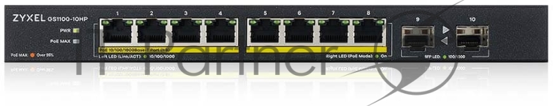 Коммутатор PoE+ Zyxel GS1100-10HP, 8xGE PoE+, 2xSFP, настольный, бесшумный, бюджет PoE 130 Вт