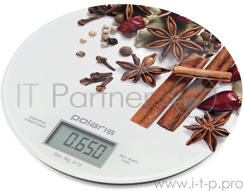Весы кухонные электронные Polaris PKS 0834DG макс.вес:8кг белый/специи