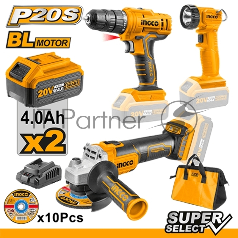 Набор аккумуляторных инструментов: дрель,ушм,фонарь, Li-Ion 2шт, ЗУ, Ingco CKLI2048