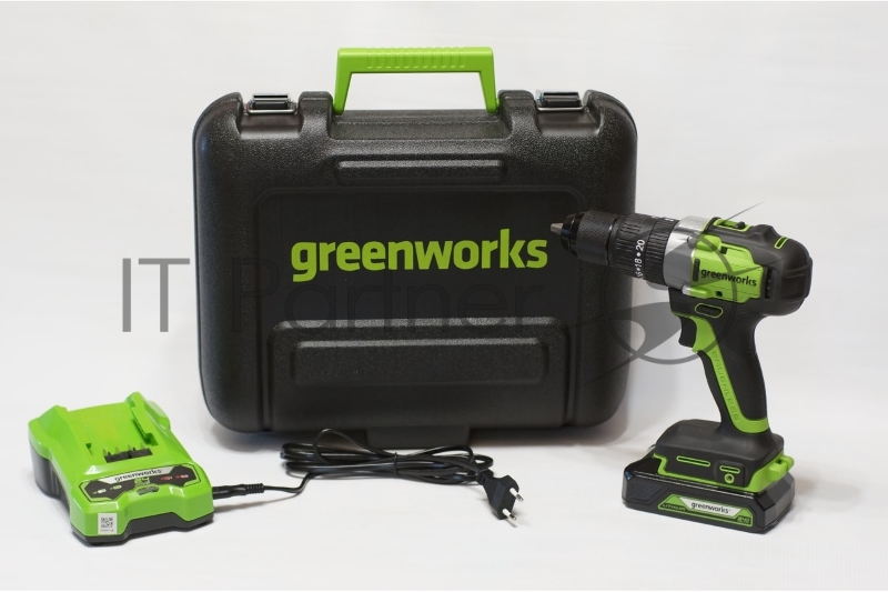 Дрель-шуруповерт аккумуляторная GreenWorks GD24DD60K2, 24V, c 1хАКБ 2 Ач и ЗУ в кейсе (3704107UA)
