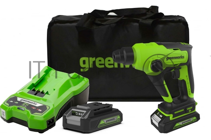 Перфоратор аккумуляторный бесщеточный GreenWorks GD24SDS1K2, 1,2 ДЖ, 24V, c АКБ 2Ач и ЗУ, в сумке (3803107UA)