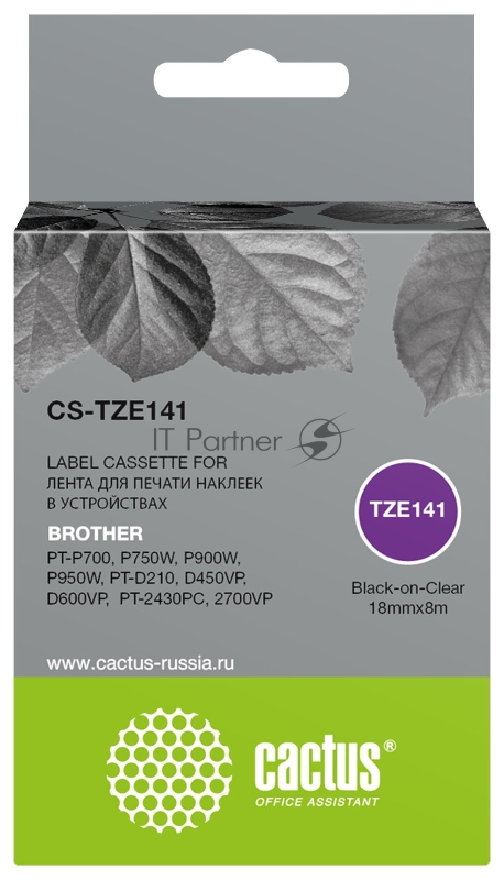Картридж ленточный Cactus CS-TZE141 TZe-141 черный для Brother PT-P700, P750W, P900W, P950W, PT-D210, D450VP, D600VP, PT-2430PC, 2700VP