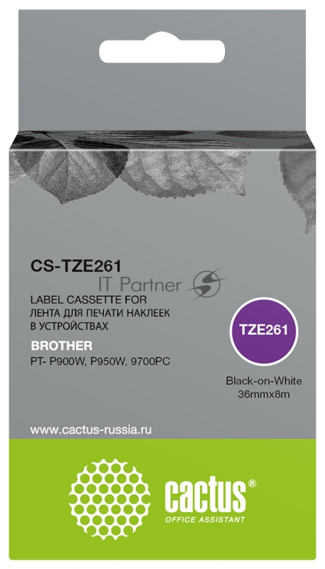 Картридж ленточный Cactus CS-TZE261 TZe-261 черный для Brother PT- P900W, P950W, 9700PC