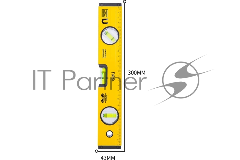 Строительный уровень Deli DL290300 300мм Алюминиевый сплав. Мягкая резина на обоих концах. Магнит для удобства эксплуатации. Измерение под углом 45°.