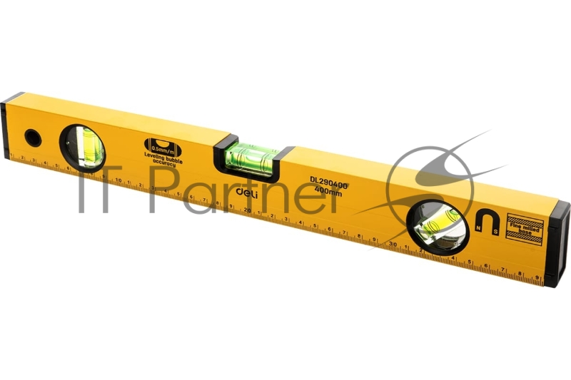 Строительный уровень Deli DL290400 400мм Алюминиевый сплав. Мягкая резина на обоих концах. Магнит для удобства эксплуатации. Измерение под углом 45°.