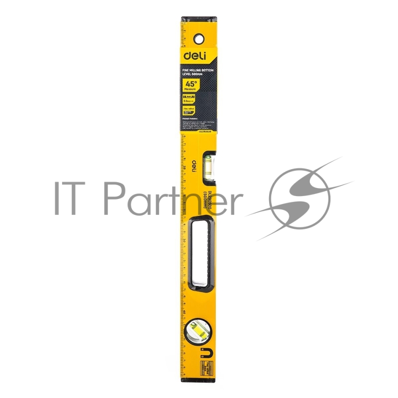 Строительный уровень Deli DL290500 500мм Алюминиевый сплав. Мягкая резина на обоих концах. Магнит для удобства эксплуатации. Измерение под углом 45°.
