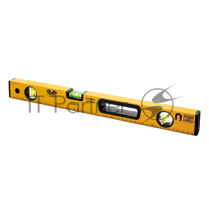 Строительный уровень Deli DL290500 500мм Алюминиевый сплав. Мягкая резина на обоих концах. Магнит для удобства эксплуатации. Измерение под углом 45°.