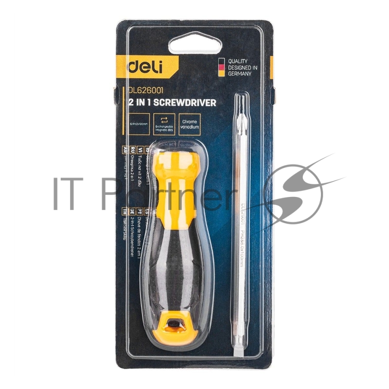 Двухсторонняя отвертка Deli DL626001 PH2+SL6x100мм Спецификация продукта.: 6/PH2x100мм. Материал хвостовика: Cr-V. Длина: 210 мм. Длина: 100 мм. Диаметр хвостовика: 6,3 мм.