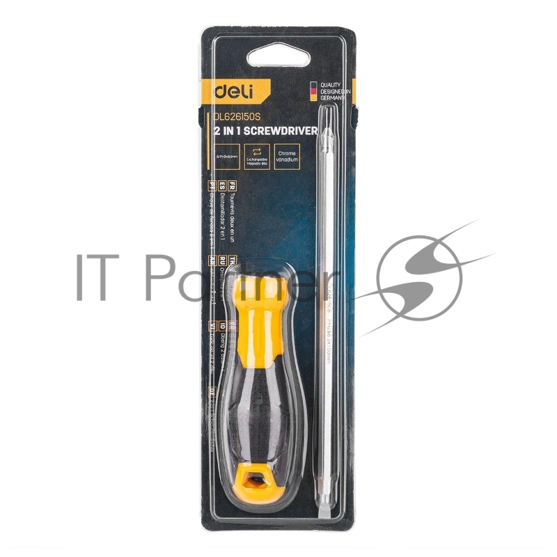 Двухсторонняя отвертка Deli DL626150S PH2+SL6x150мм Спецификация продукта.: 6/PH2x150мм. Материал хвостовика: Cr-V. Длина: 260 мм. Длина: 150 мм. Диаметр хвостовика: 6,3 мм.