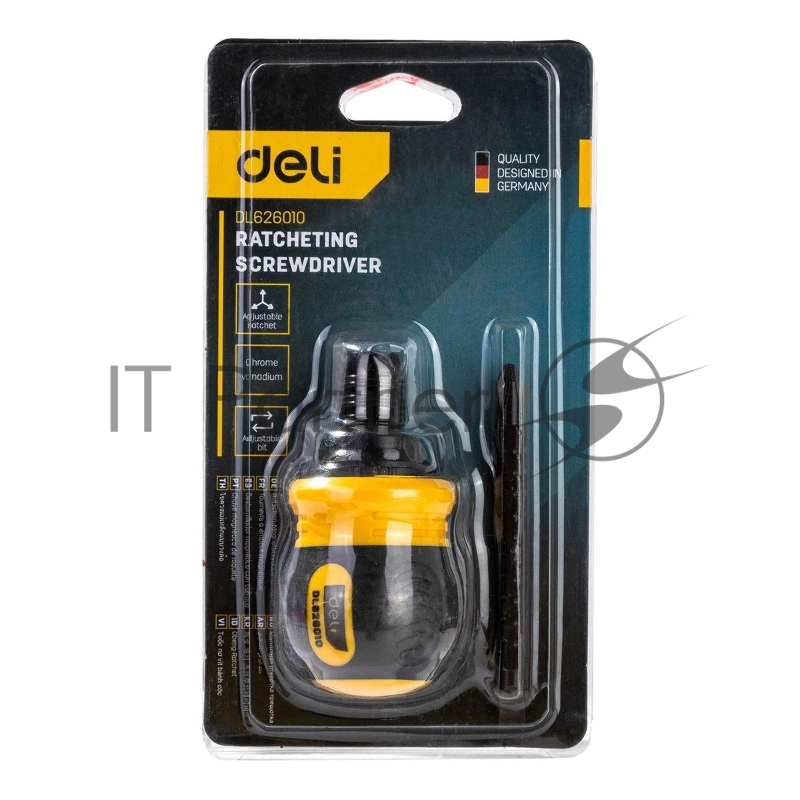 Двухсторонняя отвертка с трещеткой Deli DL626010 PH2+SL6x85мм 6/PH2x85мм. Материал биты: Cr-V. Общая длина: 95-140 мм. Диаметр хвостовика: 6,3 мм.