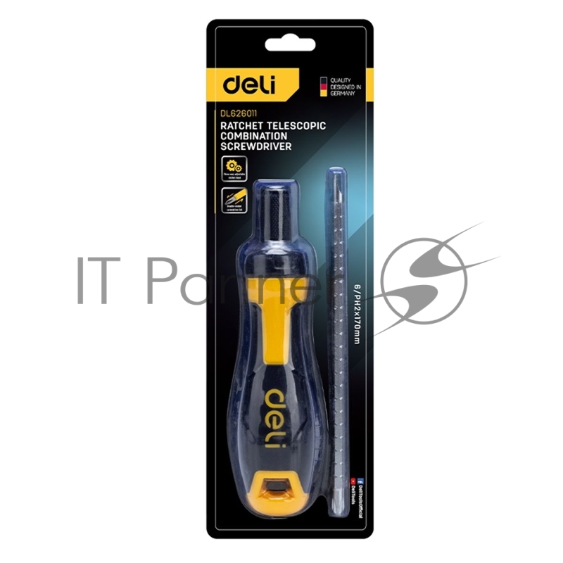 Двухсторонняя отвертка с трещеткой Deli DL626011 PH2+SL6x180мм 6/PH2x180мм. Материал биты: Cr-V. Общая длина: 180-230 мм. Диаметр хвостовика: 6,3 мм.