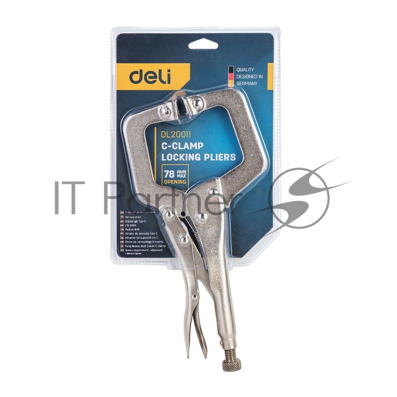 Зажимные клещи С-образные с фиксатором Deli DL20011 Рабочий ход 78 мм. Материал высокоуглеродистая сталь CrMo. Регулировочный винт. Быстросъёмная ручка.