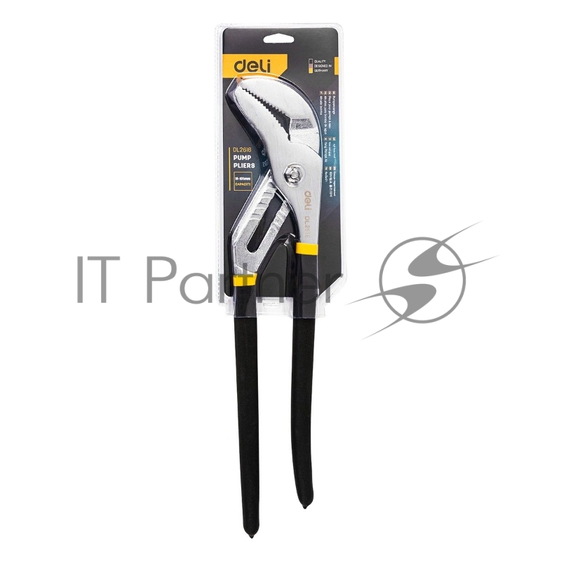 Переставные клещи Deli DL2616 16 Высоко углеродистая сталь. Двухкомпонентная ручка. Применимый диапазон: 15-105 мм. Регулировка в семи положениях: гибкий зажим.