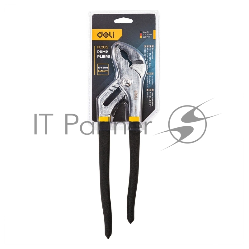 Переставные клещи Deli DL2612 12 Высоко углеродистая сталь. Двухкомпонентная ручка. Применимый диапазон: 12-65 мм. Регулировка в семи положениях: гибкий зажим.