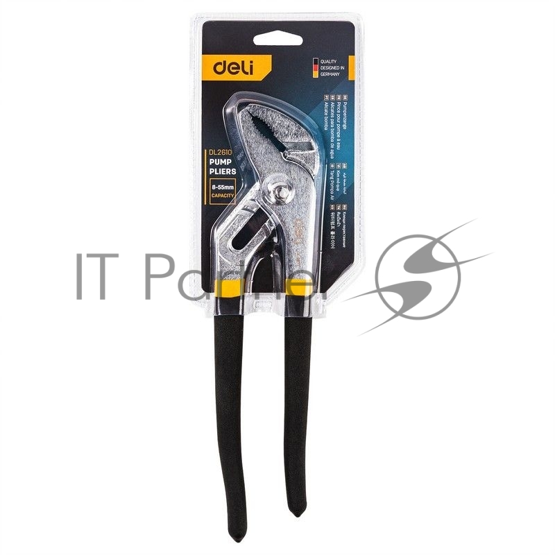 Переставные клещи Deli DL2610 10 Высоко углеродистая сталь. Двухкомпонентная ручка. Применимый диапазон: 8-55 мм. Регулировка в семи положениях: гибкий зажим.