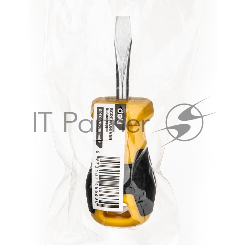 Шлицевая отвертка Deli DL6360381 6х38мм Материал: CR-V. Двухкомпонентная ручка. Хромированная.