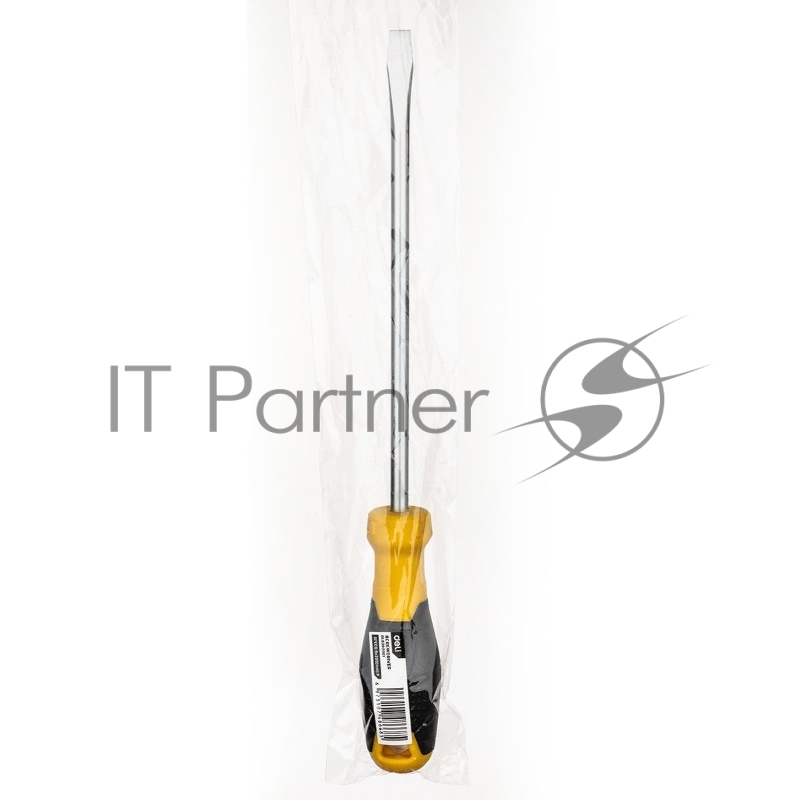 Шлицевая отвертка Deli DL6382001 8х200мм Материал: CR-V. Двухкомпонентная ручка. Хромированная.