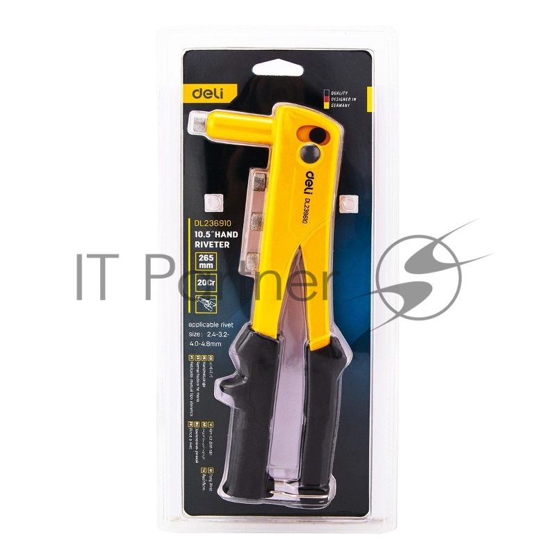 Ручной заклепочник Deli DL236910 10,5 Материал: 20Cr. 265мм. Носовая часть: 2,4–3,2–4,0–4,8 мм.