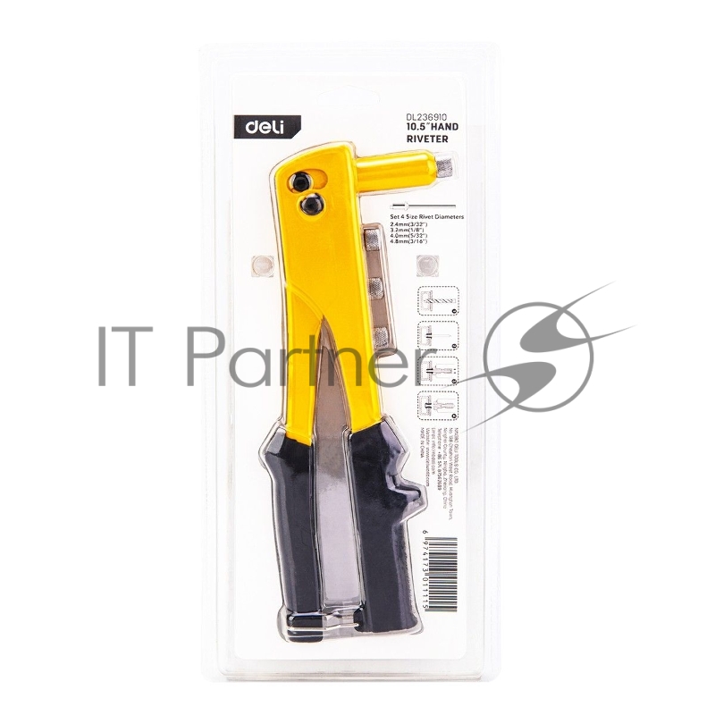 Ручной заклепочник Deli DL236910 10,5 Материал: 20Cr. 265мм. Носовая часть: 2,4–3,2–4,0–4,8 мм.